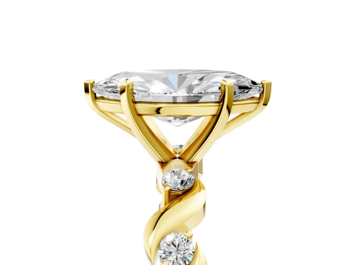 Marquise Cut Diamond Solitaire Twisted Band with Round Accents and Prong Setting Yellow gold