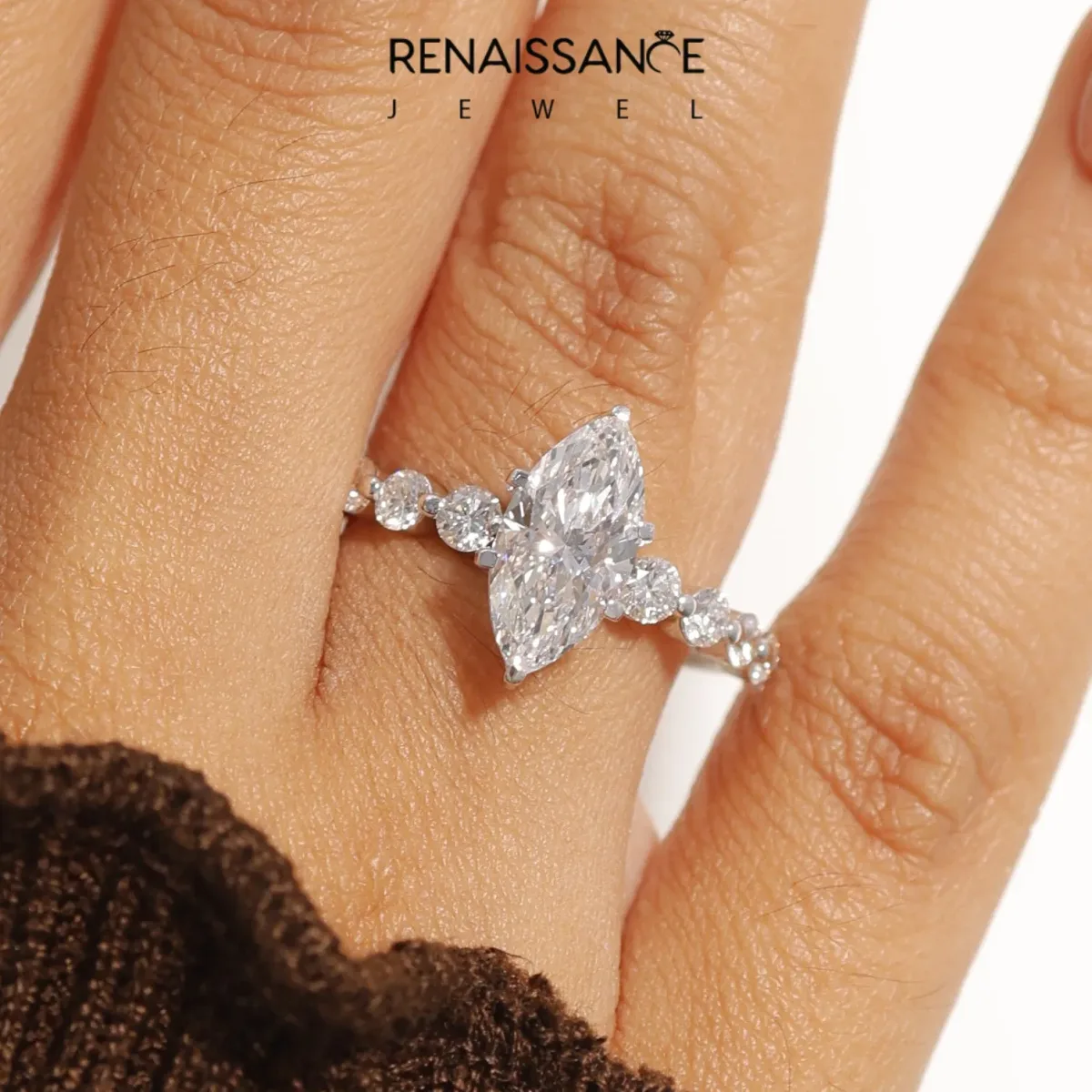 Marquise Cut Solitaire Diamond Ring with Pave Band and Four-Prong Setting Platinum