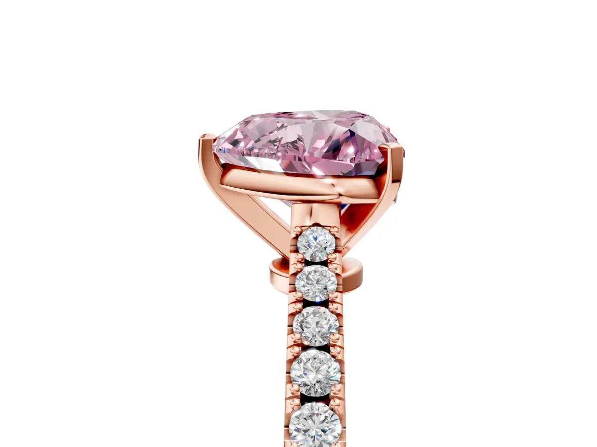 Fancy Pink Heart Cut Cut Solitaire Diamond Engagement Ring with Pave Band and Four-Prong Setting Rose gold