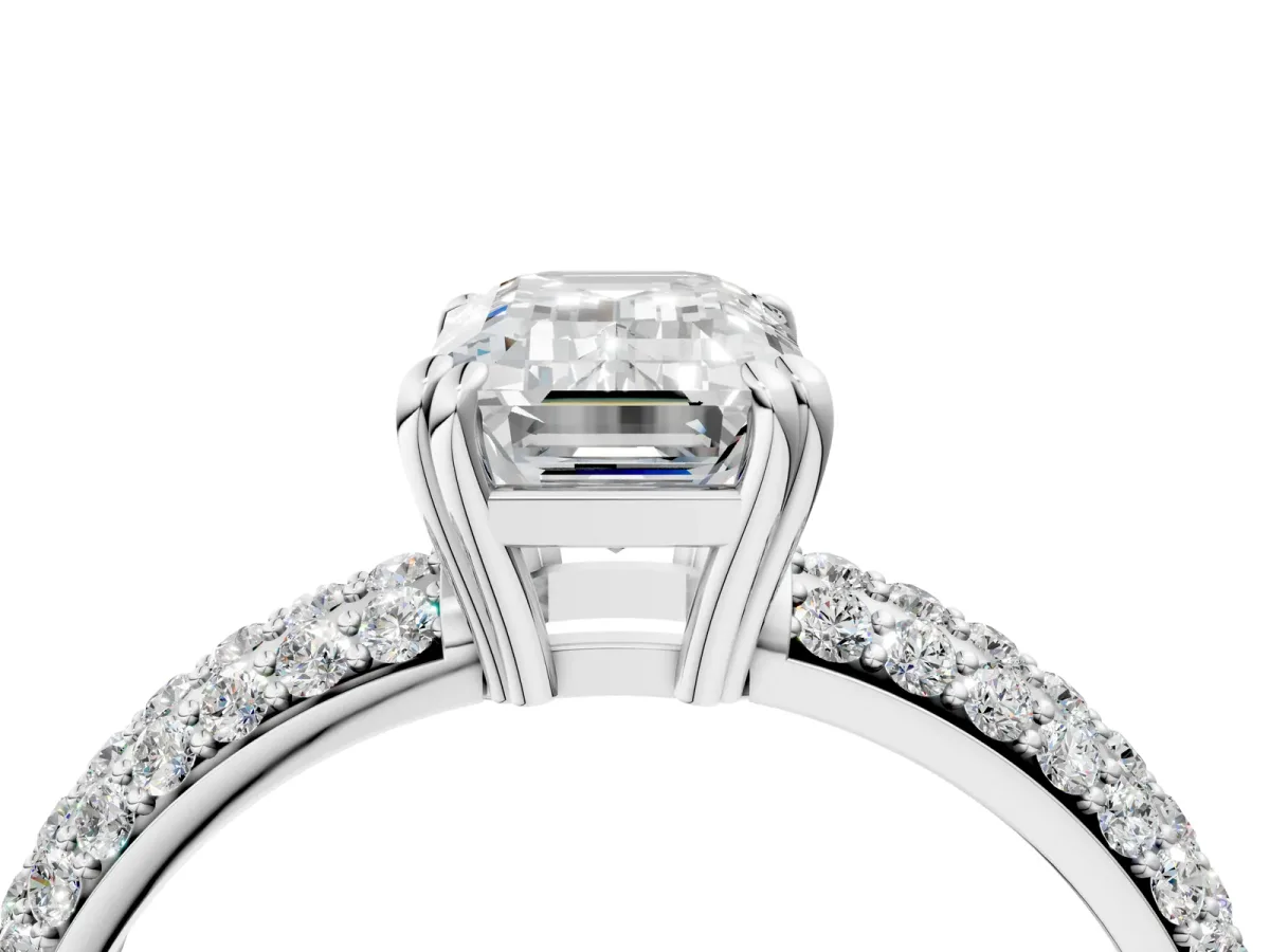 Emerald Cut Diamond Solitaire Ring with Multi-Row Round Pavé Band and Prong Setting White gold
