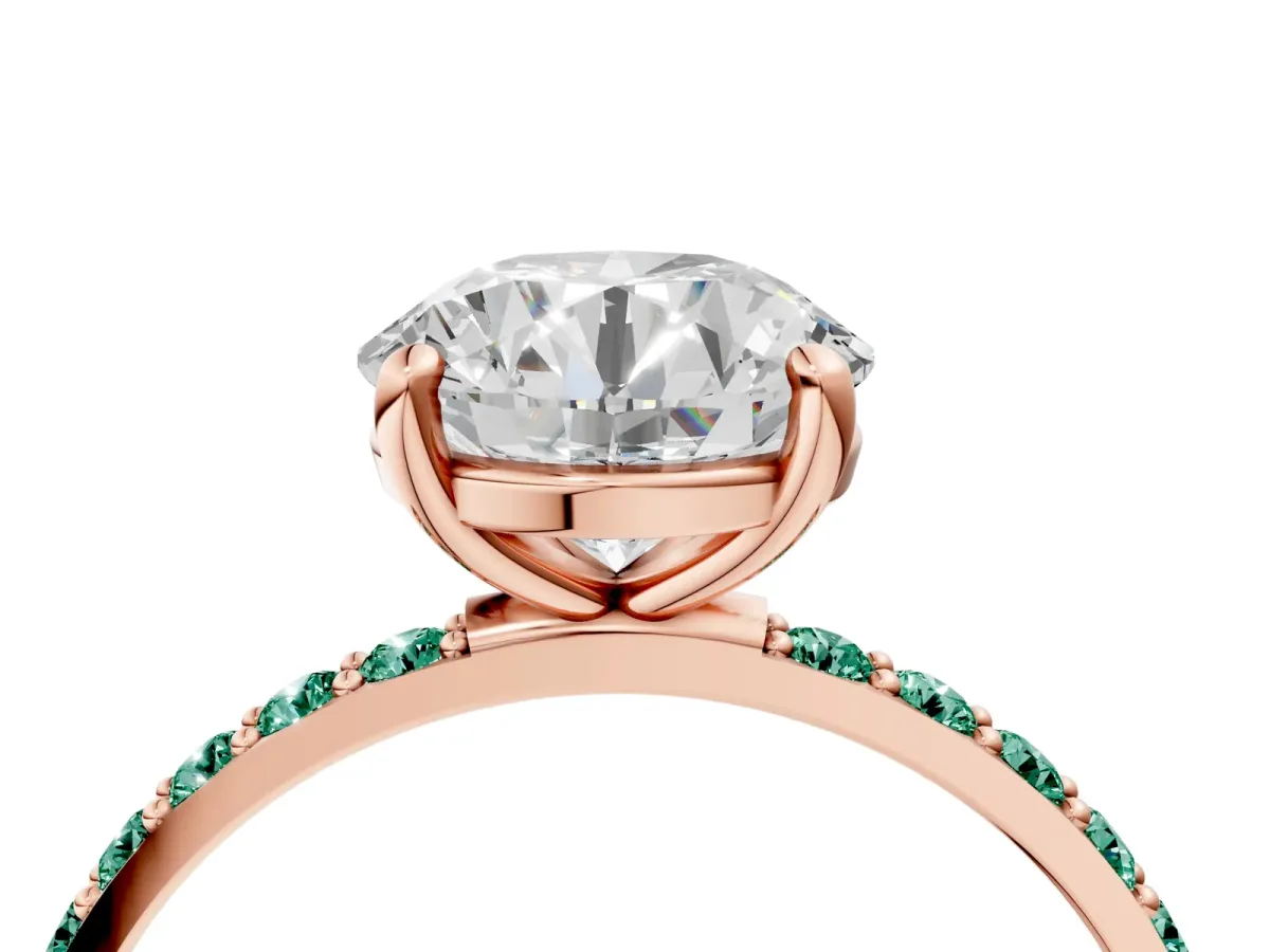 Round Cut Diamond Solitaire Ring with Round Green Sapphire Pavé Band and Prong Setting Rose gold