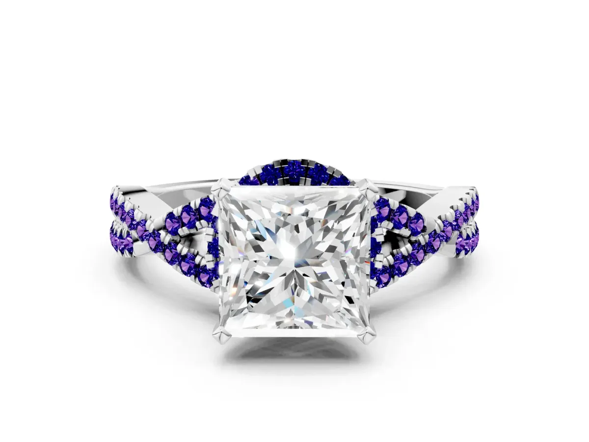 Princess Cut Diamond Tanzanite Halo Twist Band Solitaire Prong Setting Ring White gold