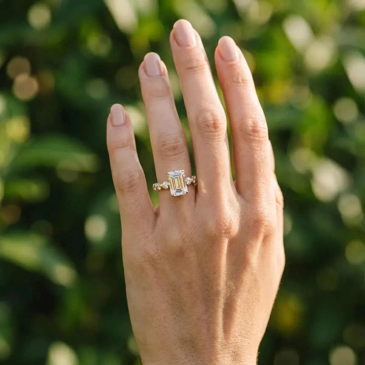 Emerald Cut Solitaire Diamond Ring with Pave Band and Four-Prong Setting Yellow gold