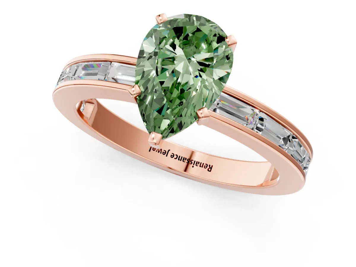 Fancy Green Pear Cut Solitaire Diamond Ring with Channel-Set Baguette Band and Four-Prong Setting Rose gold