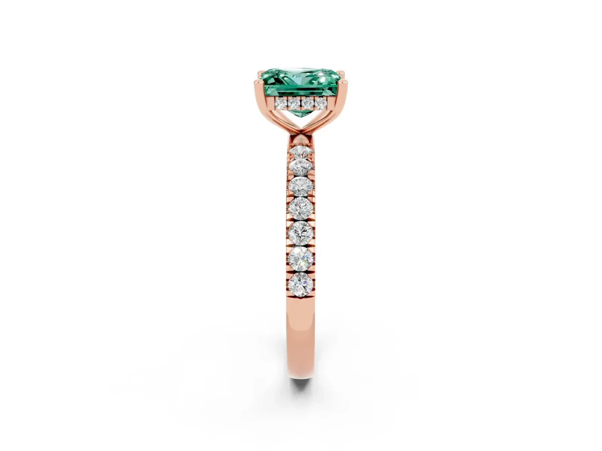 Princess Cut Green Sapphire Pave Band Solitaire Ring with Round and Prong Setting Rose gold