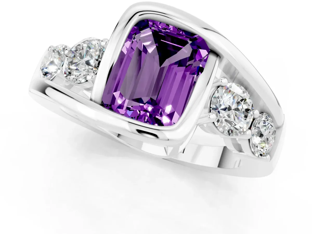 Bezel Set Emerald Cut Amethyst Bypass Ring with Round Accents Platinum