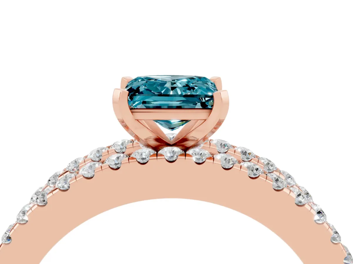 Princess Cut Blue Topaz Solitaire Ring with Pavé and Channel Set Band Rose gold