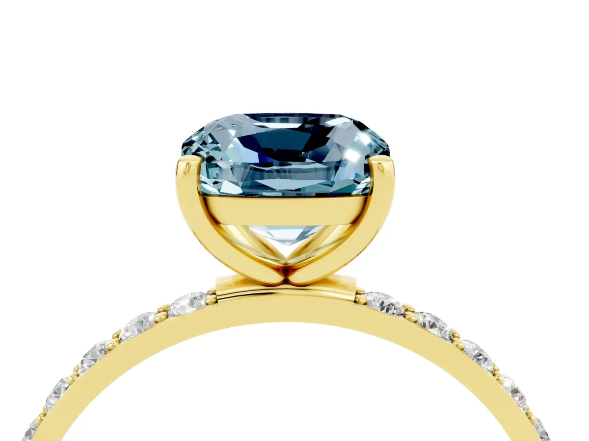 Cushion Cut Aquamarine Solitaire Ring with Round Pavé Band and Prong Setting Yellow gold