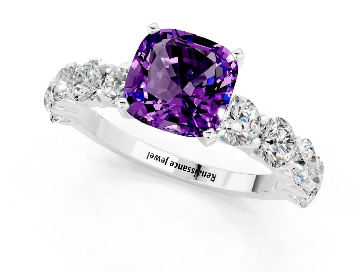 Cushion Cut Amethyst Prong Setting with Side Stones on a Pave Band Silver