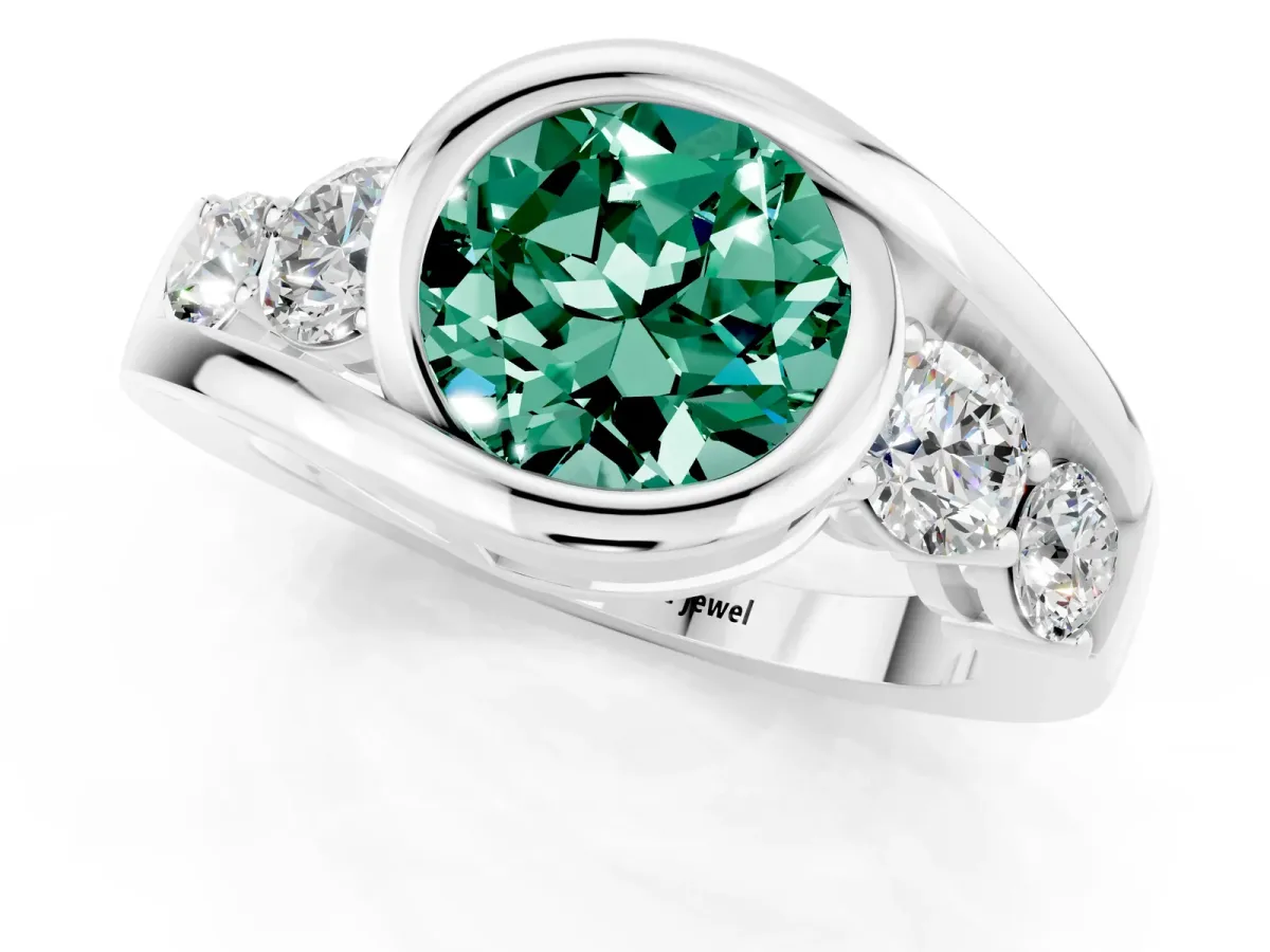 Bezel Set Round Cut Green Sapphire Bypass Ring with Round Accents Silver