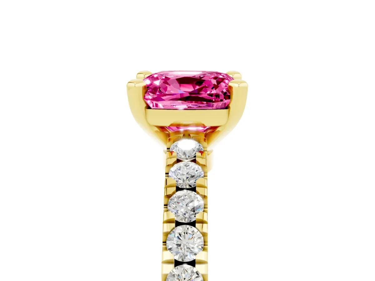 Cushion Cut Solitaire Pink Sapphire with Pavé Band and Four-Prong Setting Yellow gold