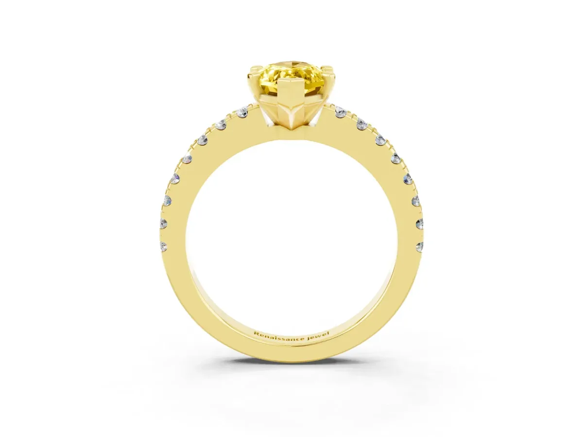 Marquise Cut Solitaire Yellow Sapphire with Pavé Band and Four-Prong Setting Yellow gold