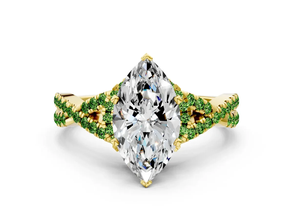 Marquise Cut Diamond Peridot Halo Twist Band Solitaire Prong Setting Ring Yellow gold