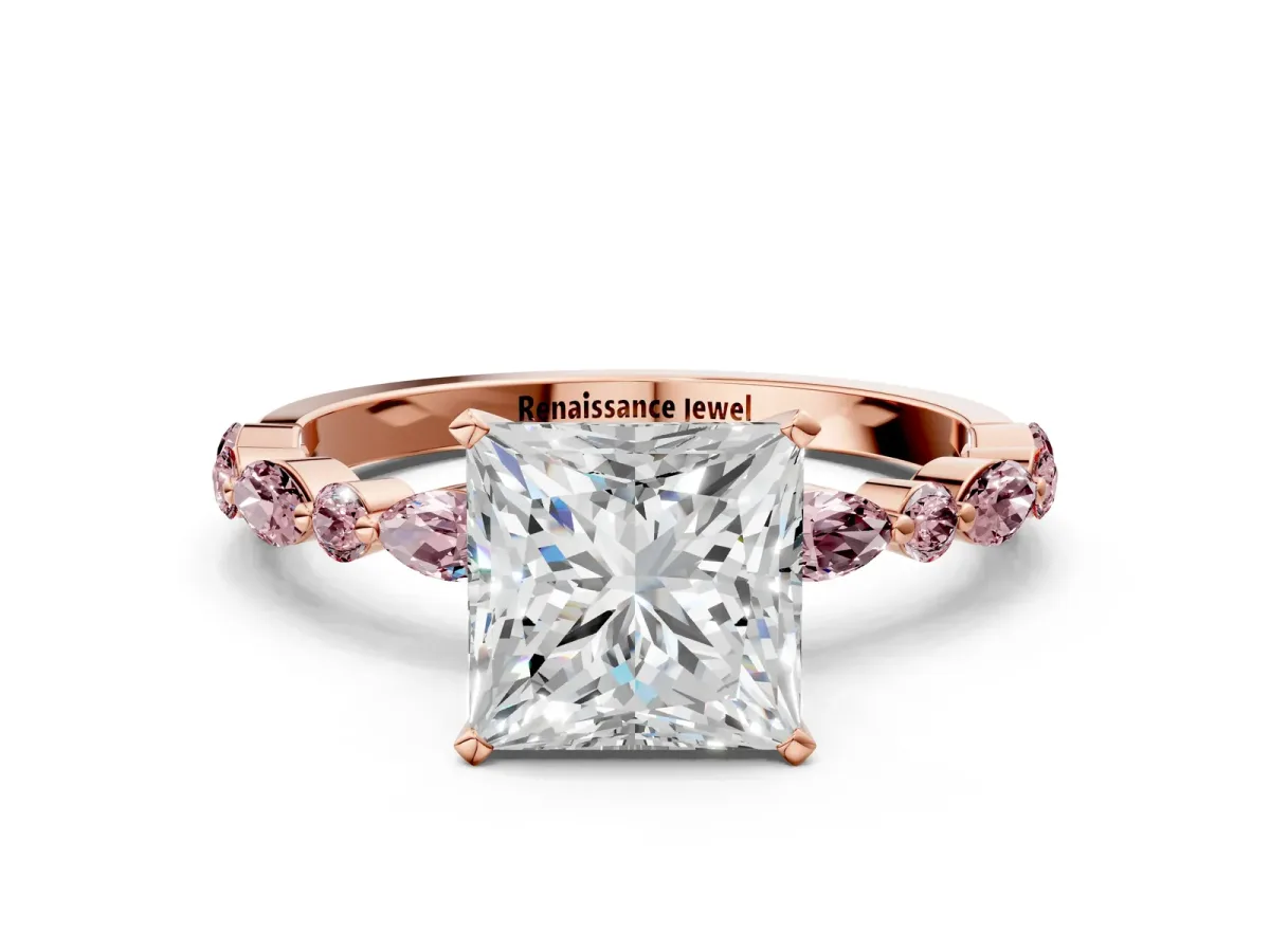 Princess Cut Diamond Ring with Marquise and Round Morganite Side Stones and Four-Prong Setting Rose gold