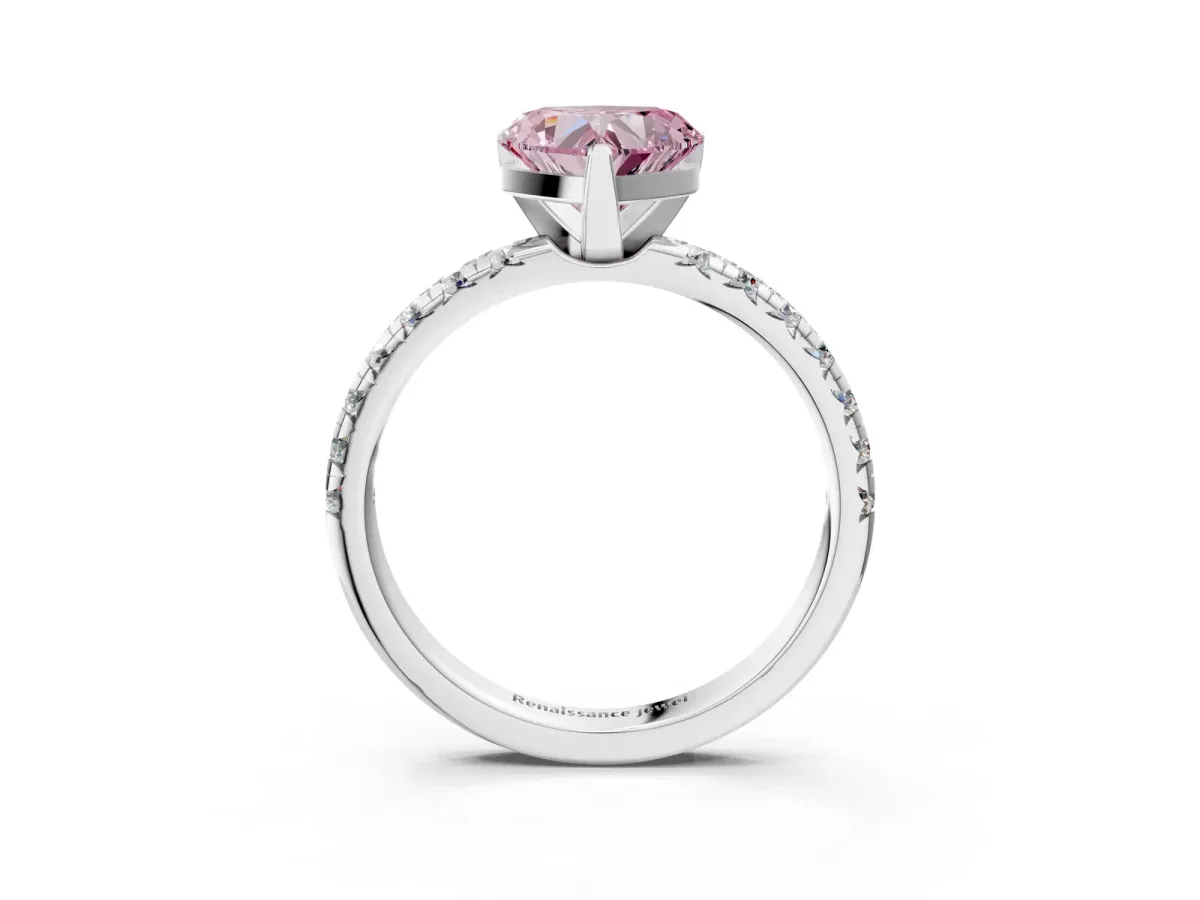 Fancy Pink Heart Cut Diamond Solitaire Pavé Engagement Ring with Round Band and Prong Setting White gold