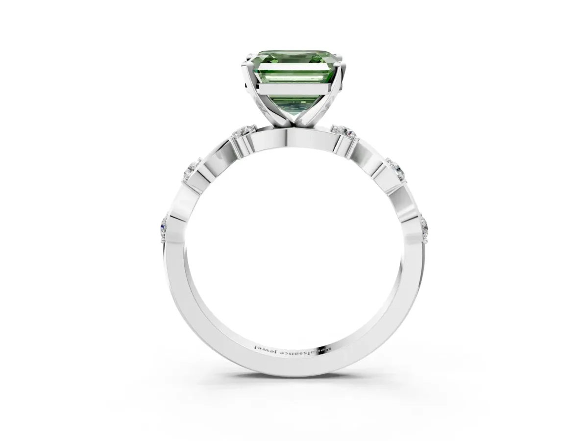 Fancy Green Asscher Cut Diamond Solitaire Twisted Band with Round Accents and Prong Setting White gold