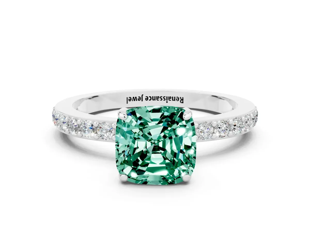 Cushion Cut Green Sapphire Solitaire Engagement Ring with Pavé Band and Four-Prong Setting White gold