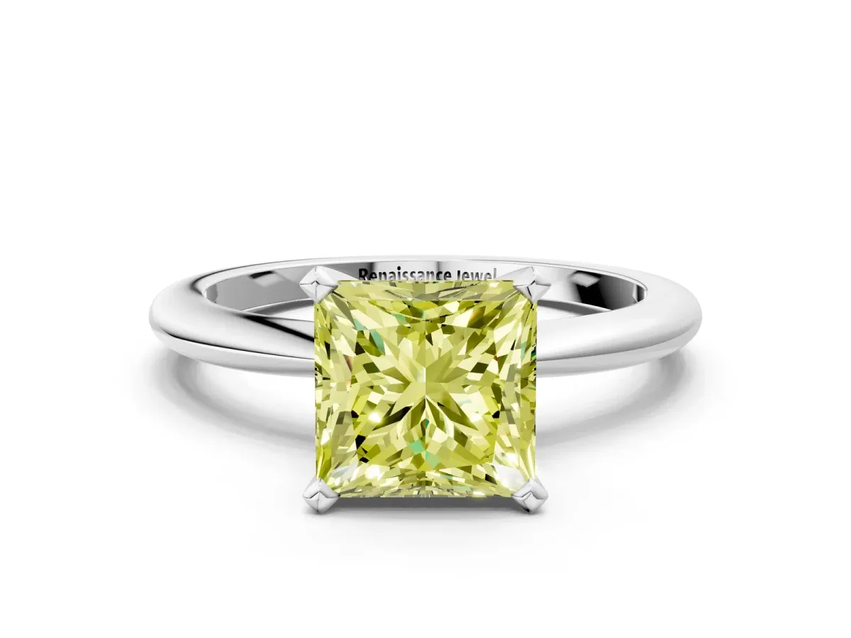 Fancy Yellow Princess Cut Diamond Solitaire Ring with Six-Prong Setting and Classic Band Silver