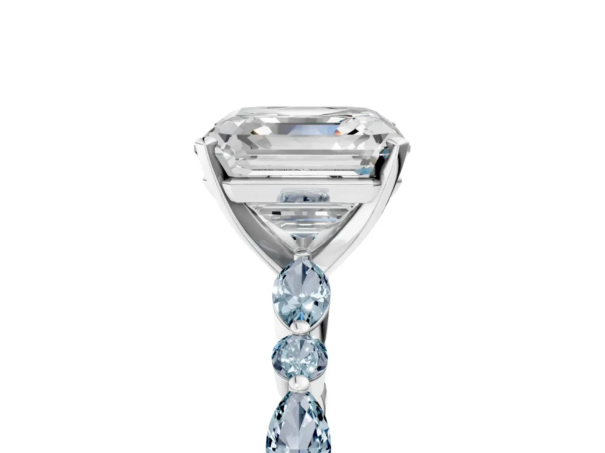 Asscher Cut Diamond Ring with Marquise and Round Aquamarine Side Stones and Four-Prong Setting Platinum