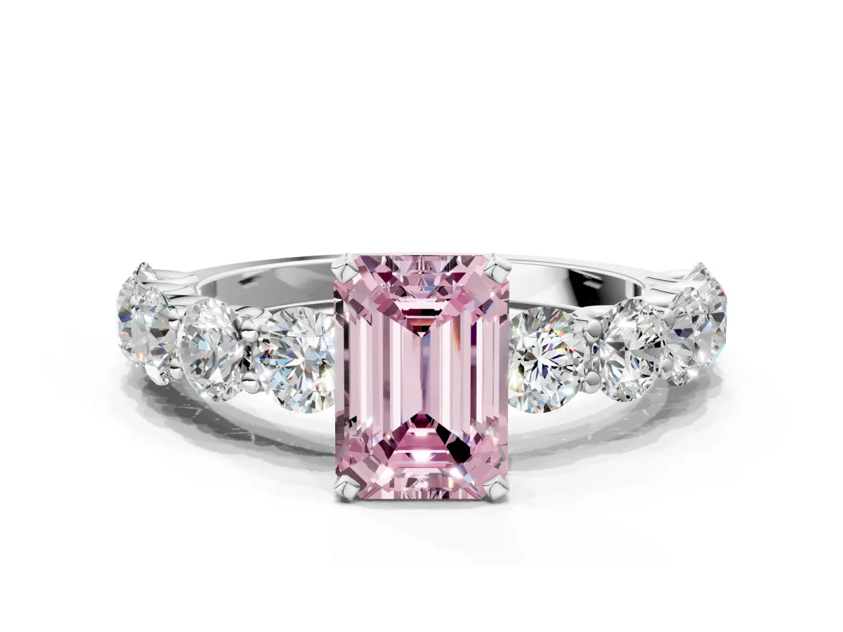 Fancy Pink Emerald Cut Diamond Prong Setting with Side Stones on a Pave Band Silver