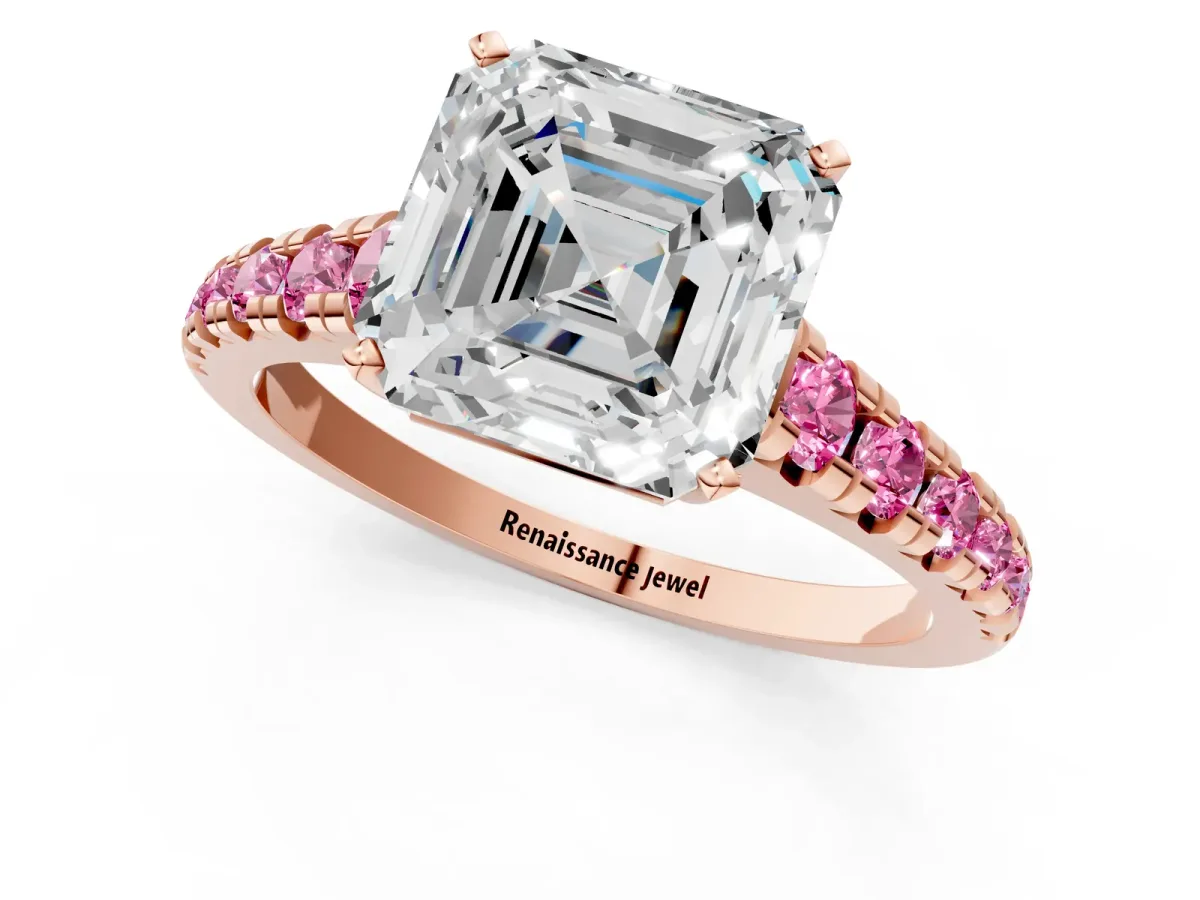 Asscher Cut Diamond Cathedral Solitaire Ring with Round Pink Sapphire Pavé Band Rose gold