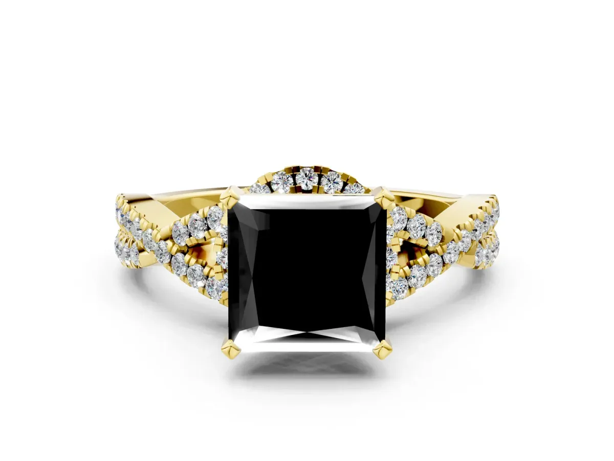 Fancy Black Princess Cut Diamond Halo Twist Band Solitaire Prong Setting Ring Yellow gold