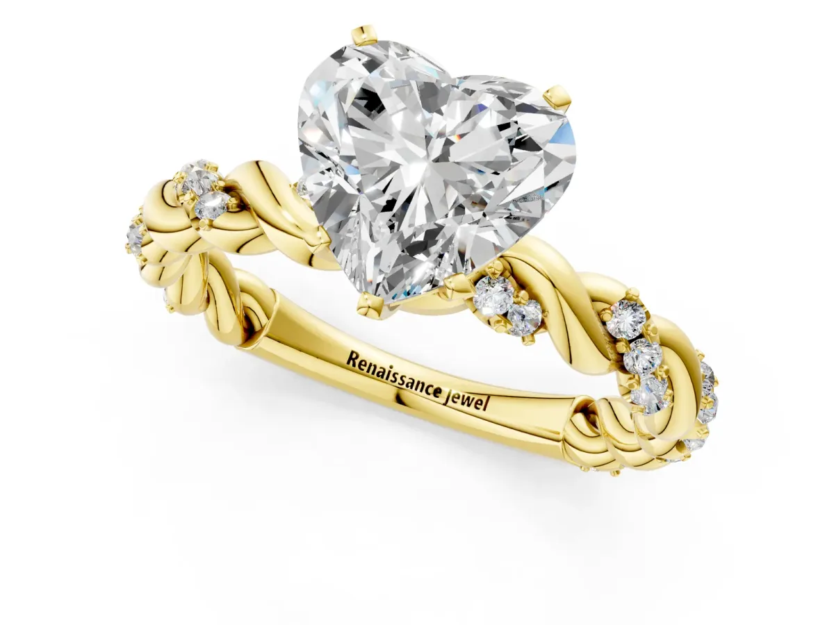 Heart Cut Diamond Solitaire Ring with Twisted Band and Pavé Accents Yellow gold