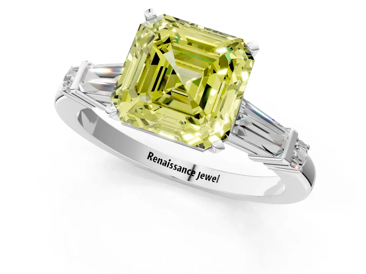Fancy Yellow Asscher Cut Cut Diamond Ring with Baguette Side Stones, Channel Set Band, and Four-Prong Setting Platinum