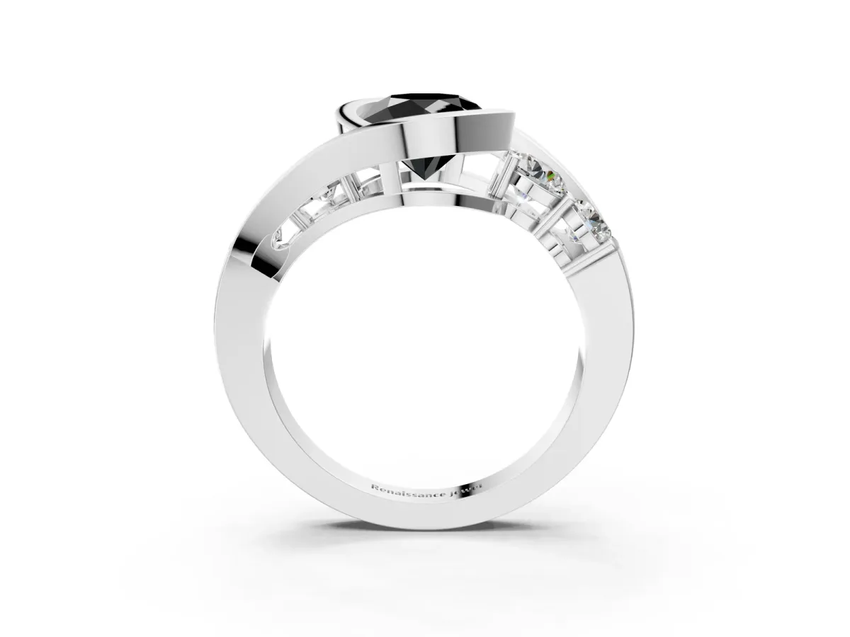 Fancy Black Bezel Set Round Cut Diamond Bypass Ring with Round Accents Silver