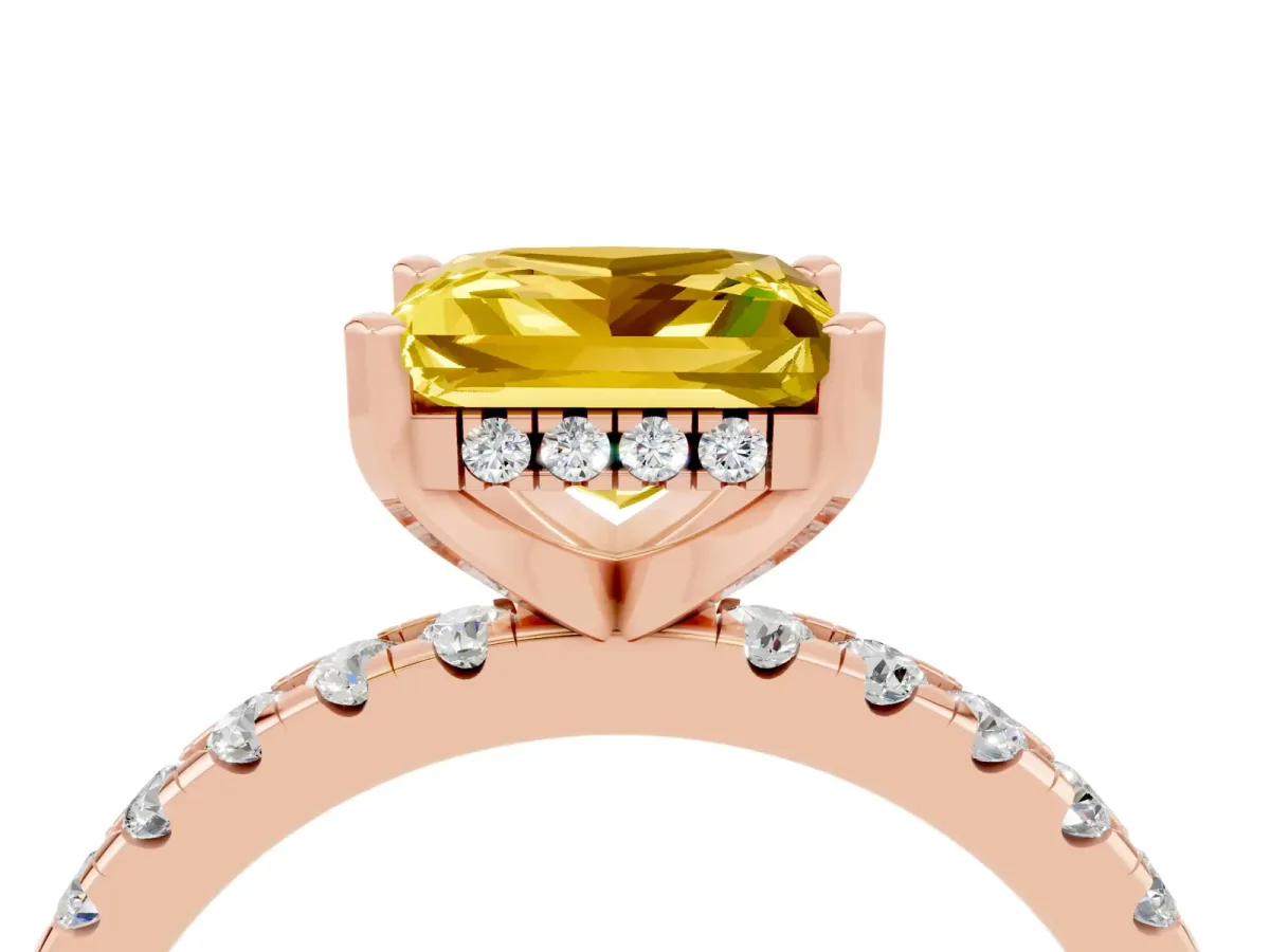 Princess Cut Yellow Sapphire Solitaire Ring with Round Pavé Band and Four-Prong Setting Rose gold