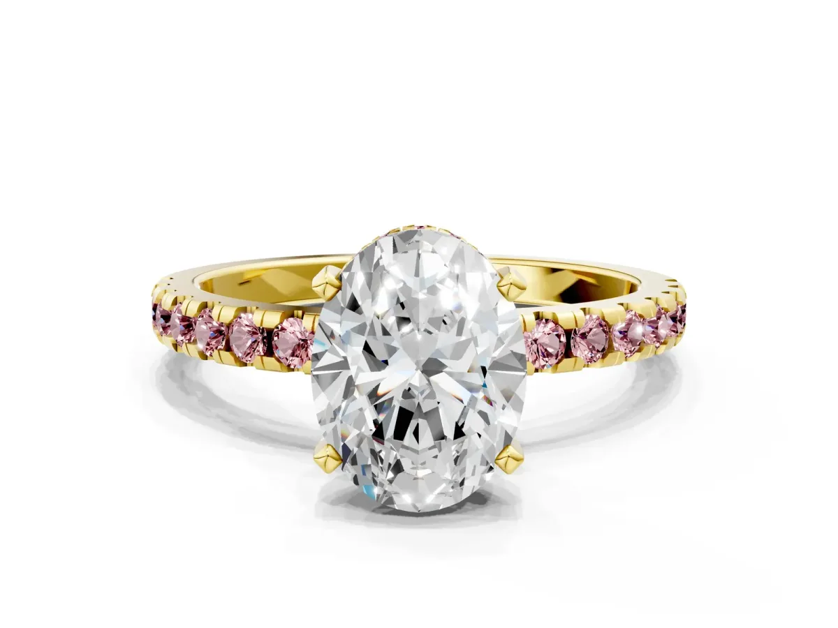 Oval Cut Diamond Solitaire Ring with Round Morganite Pavé Band and Four-Prong Setting Yellow gold