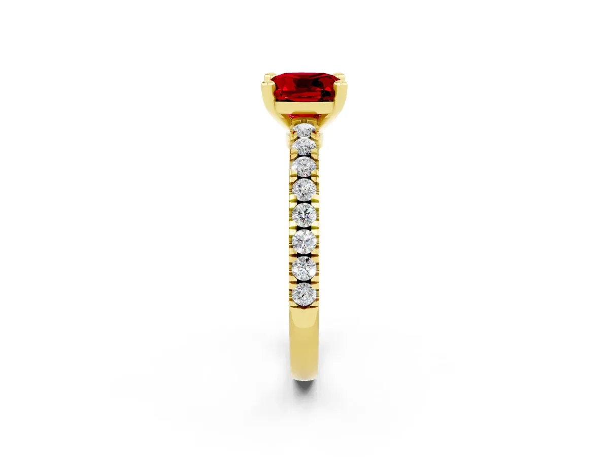 Cushion Cut Solitaire Ruby with Pavé Band and Four-Prong Setting Yellow gold