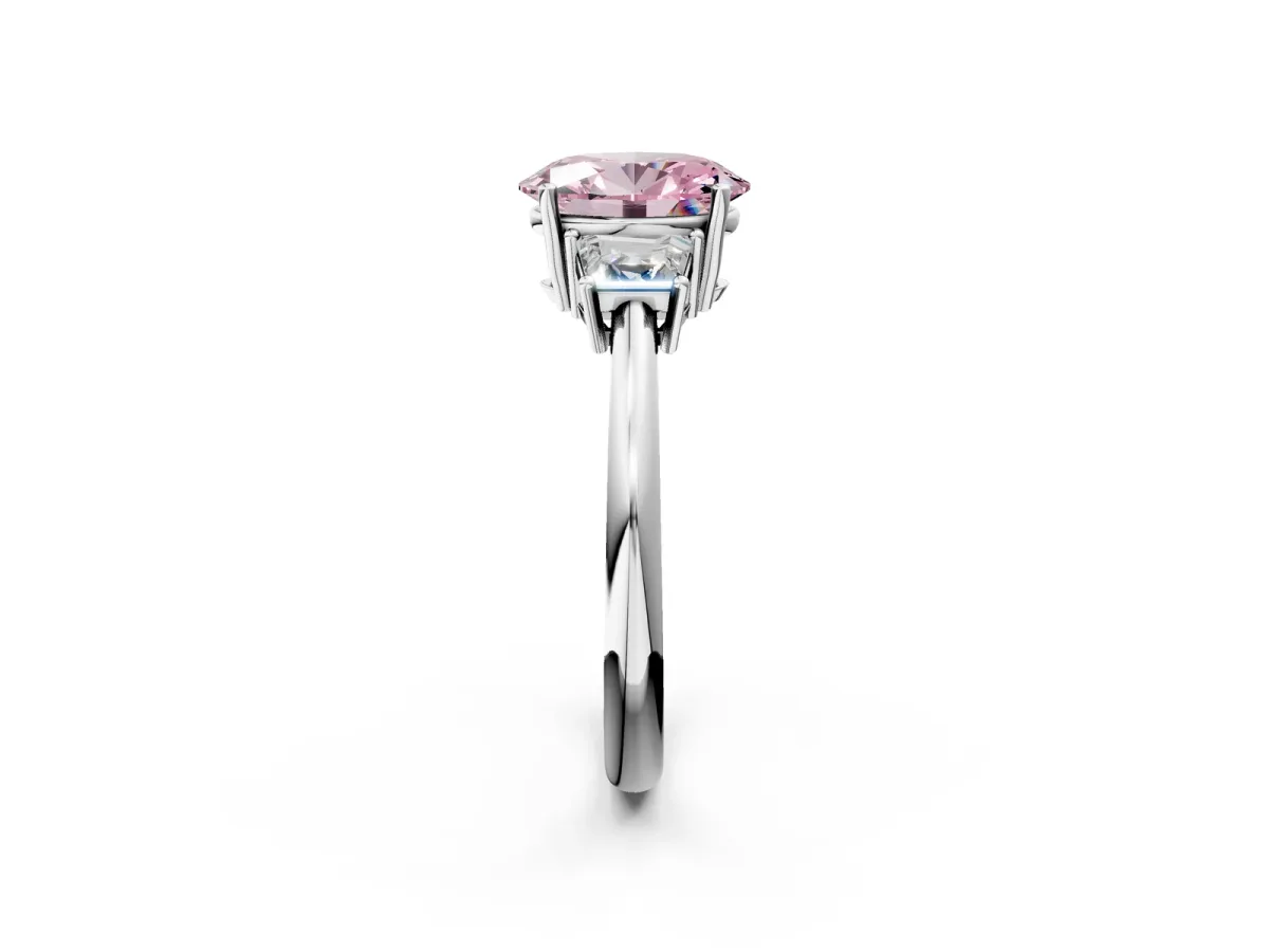 Fancy Pink Oval Cut Diamond Three-Stone Ring with Trapezoid Side Stones and Prong Setting Platinum