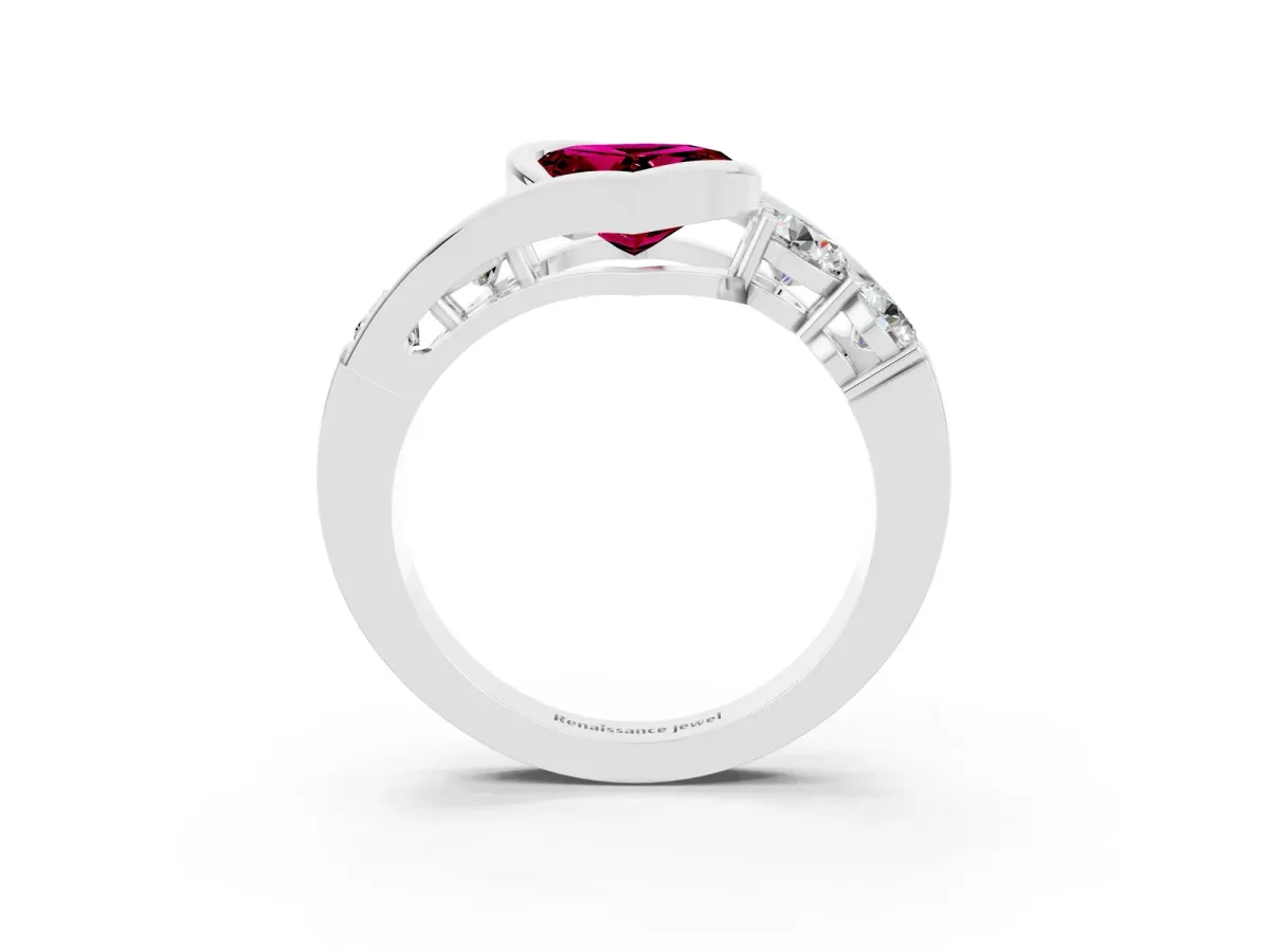 Bezel Set Heart Cut Garnet Bypass Ring with Round Accents Silver