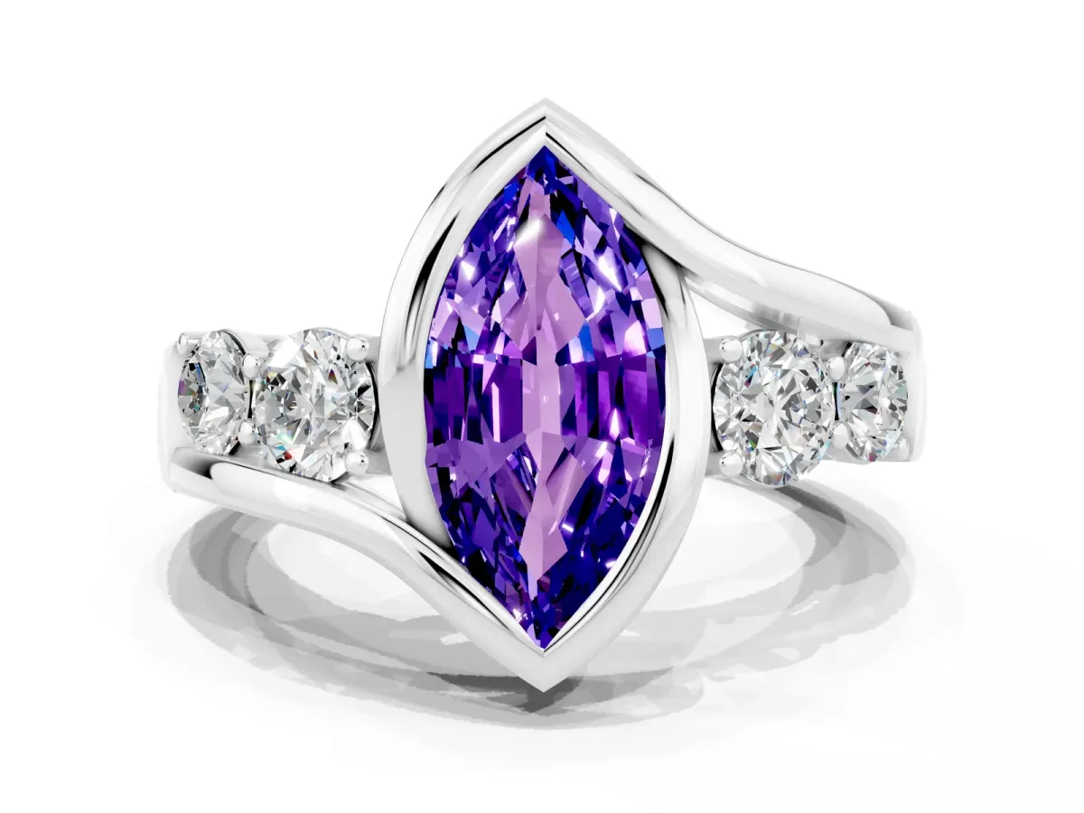 Bezel Set Marquise Cut Tanzanite Bypass Ring with Round Accents Silver