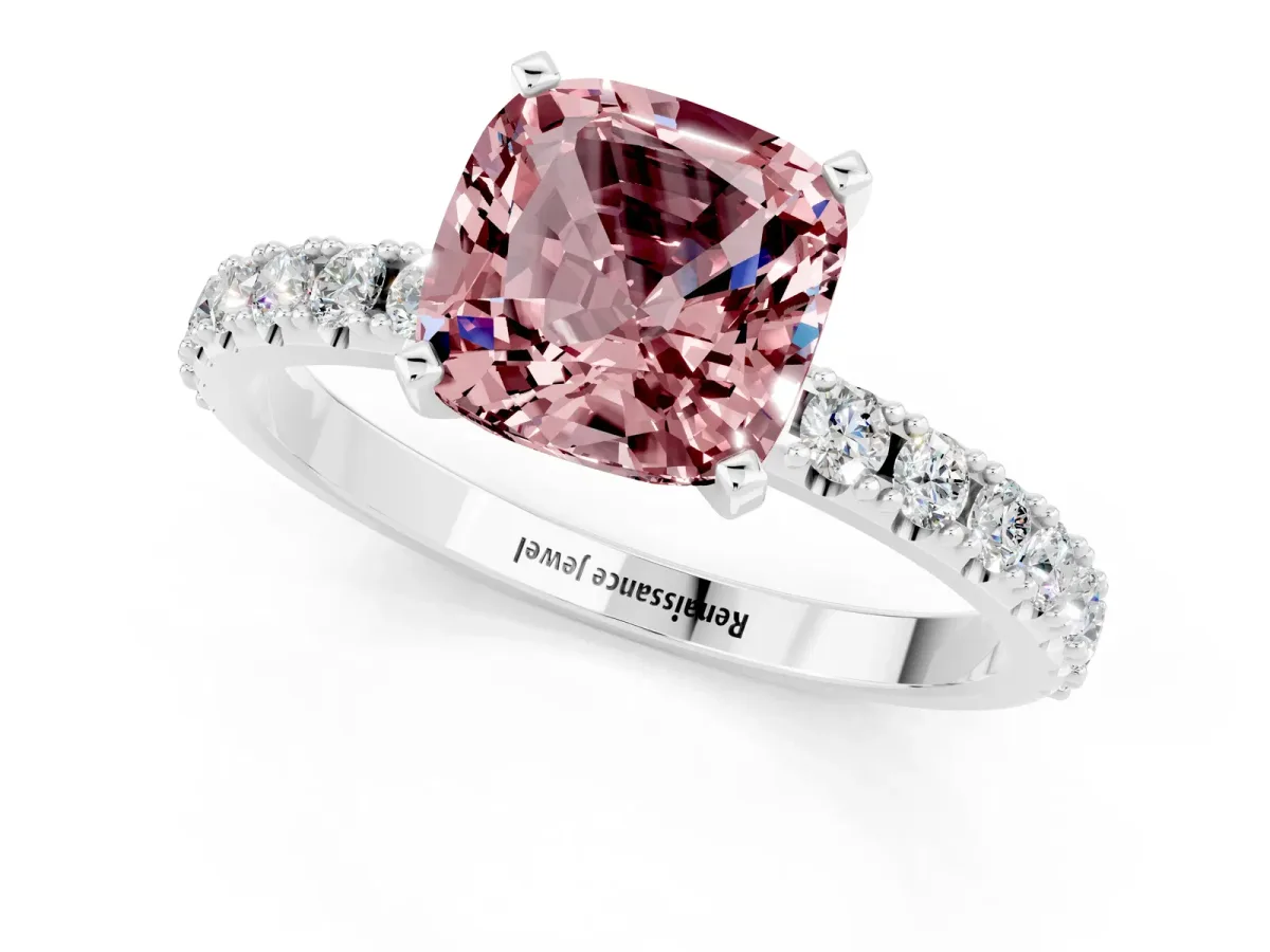 Cushion Cut Morganite Solitaire Pavé Band with Four-Prong Setting Platinum