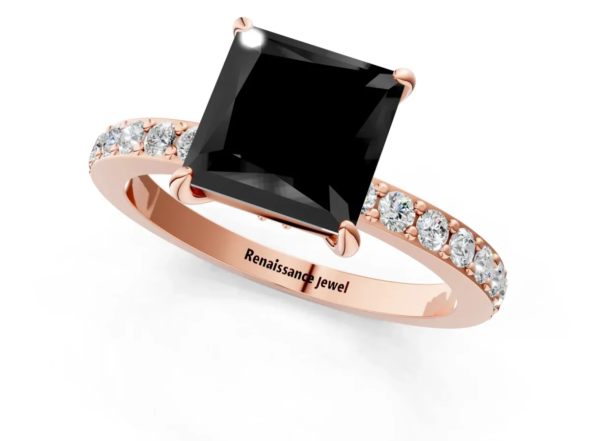 Fancy Black Princess Cut Diamond Solitaire Engagement Ring with Pavé Band and Four-Prong Setting Rose gold