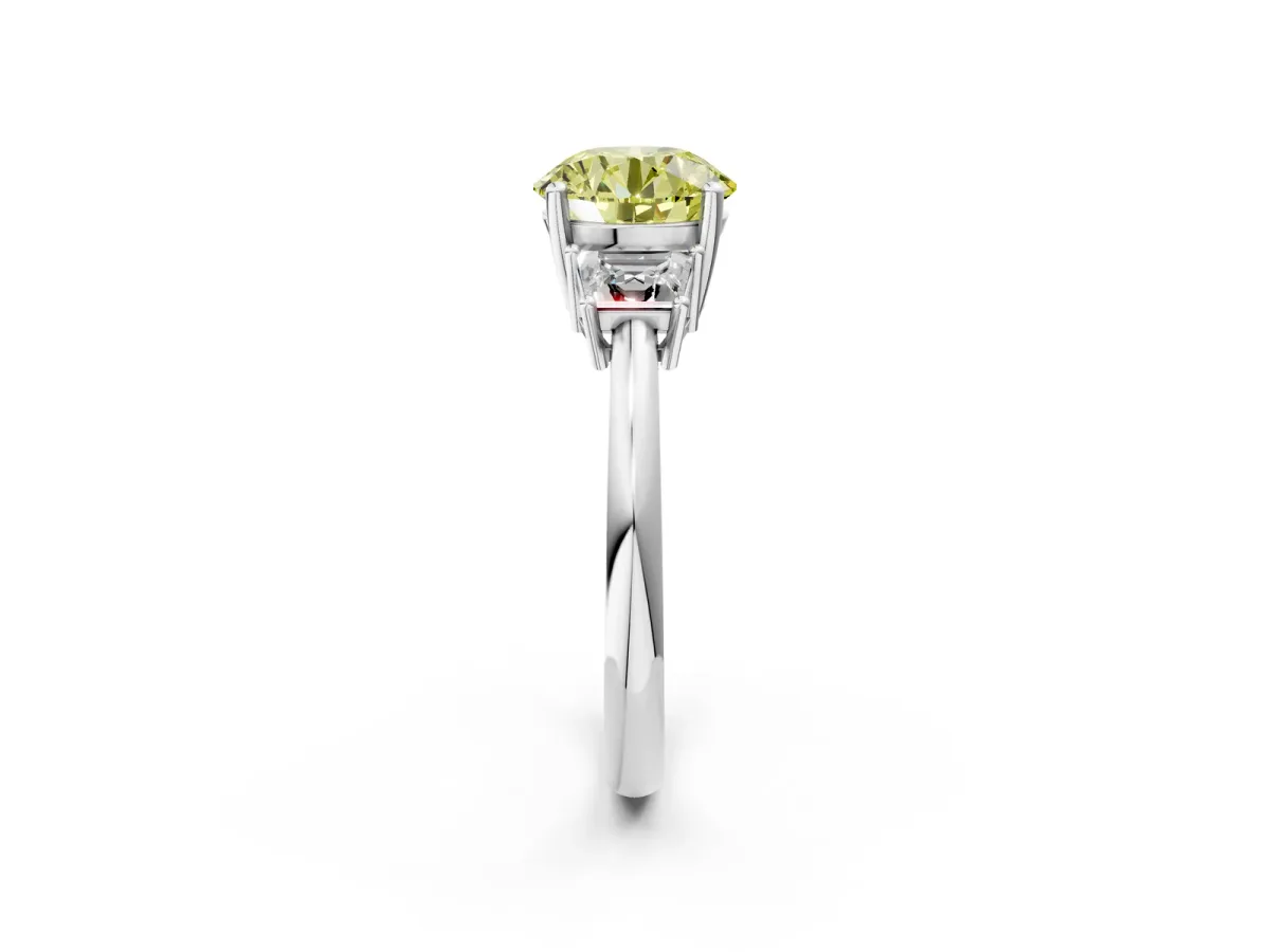 Fancy Yellow Round Cut Diamond Three-Stone Ring with Trapezoid Side Stones and Prong Setting White gold