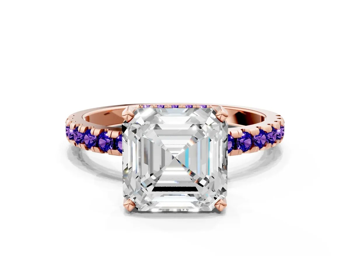 Asscher Cut Diamond Solitaire Ring with Round Tanzanite Pavé Band and Four-Prong Setting Rose gold