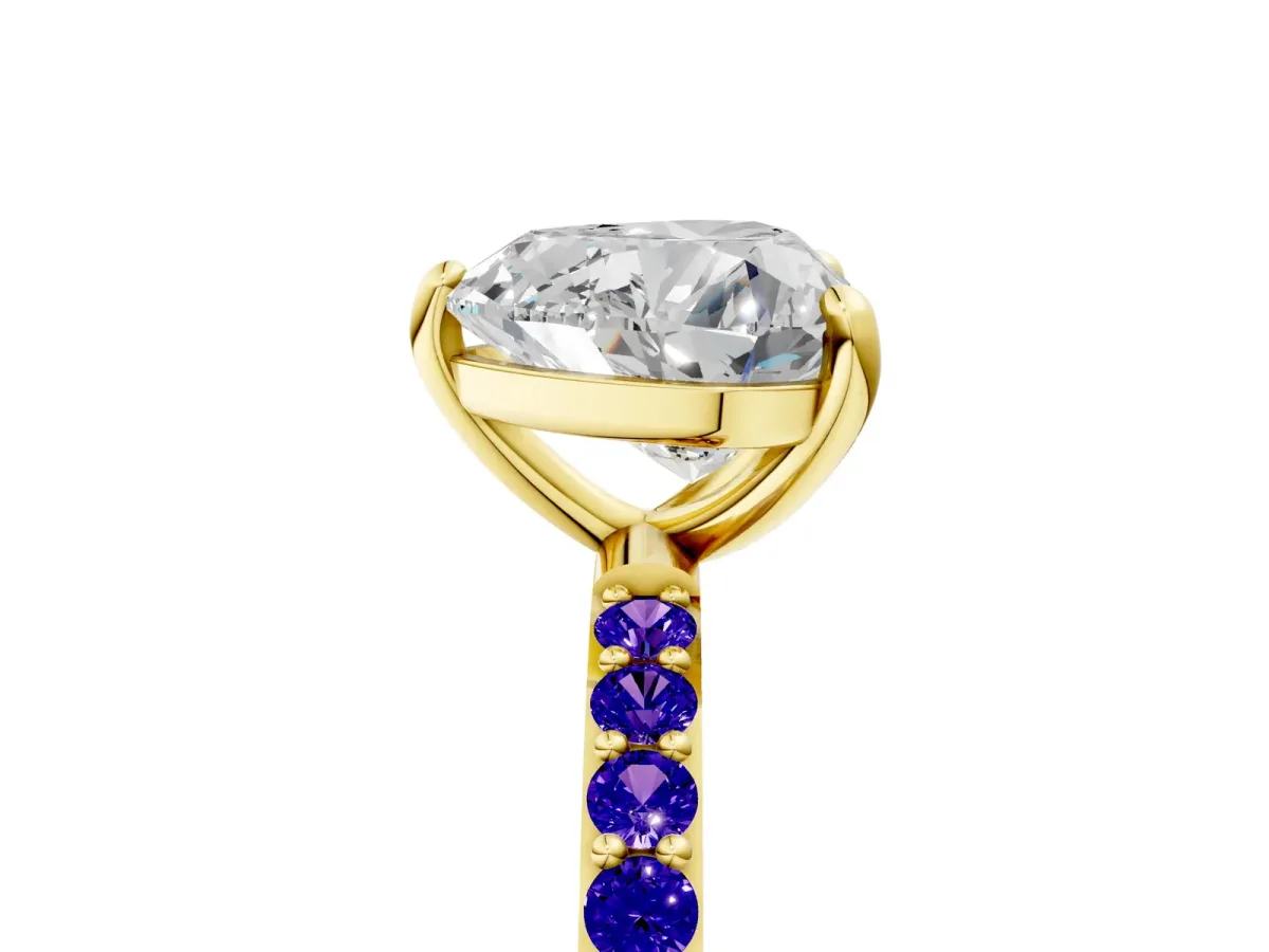 Heart Cut Diamond Solitaire Ring with Round Tanzanite Pavé Band and Prong Setting Yellow gold