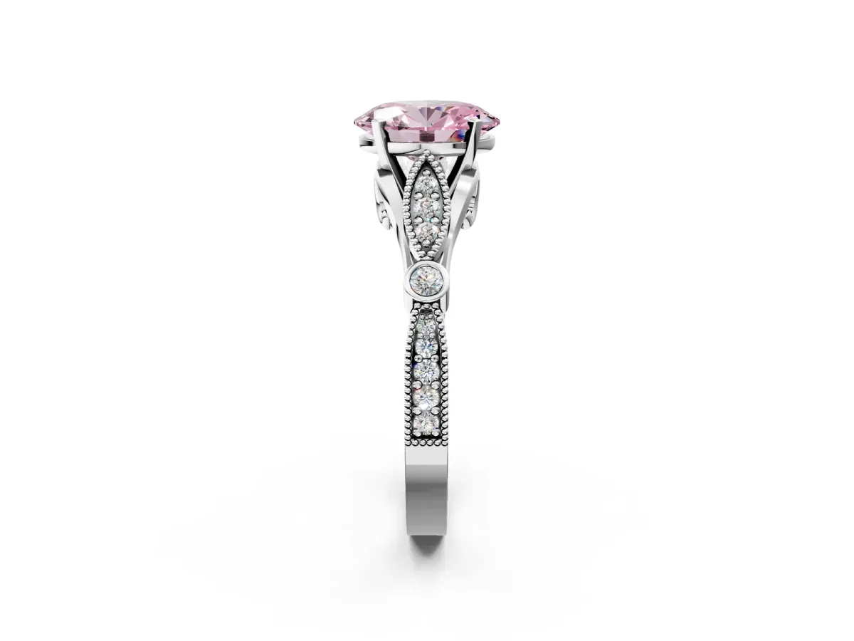 Fancy Pink Oval Cut Cut Diamond with Milgrain Marquise and Bezel Accents on a Solitaire Band with Prong Setting Silver