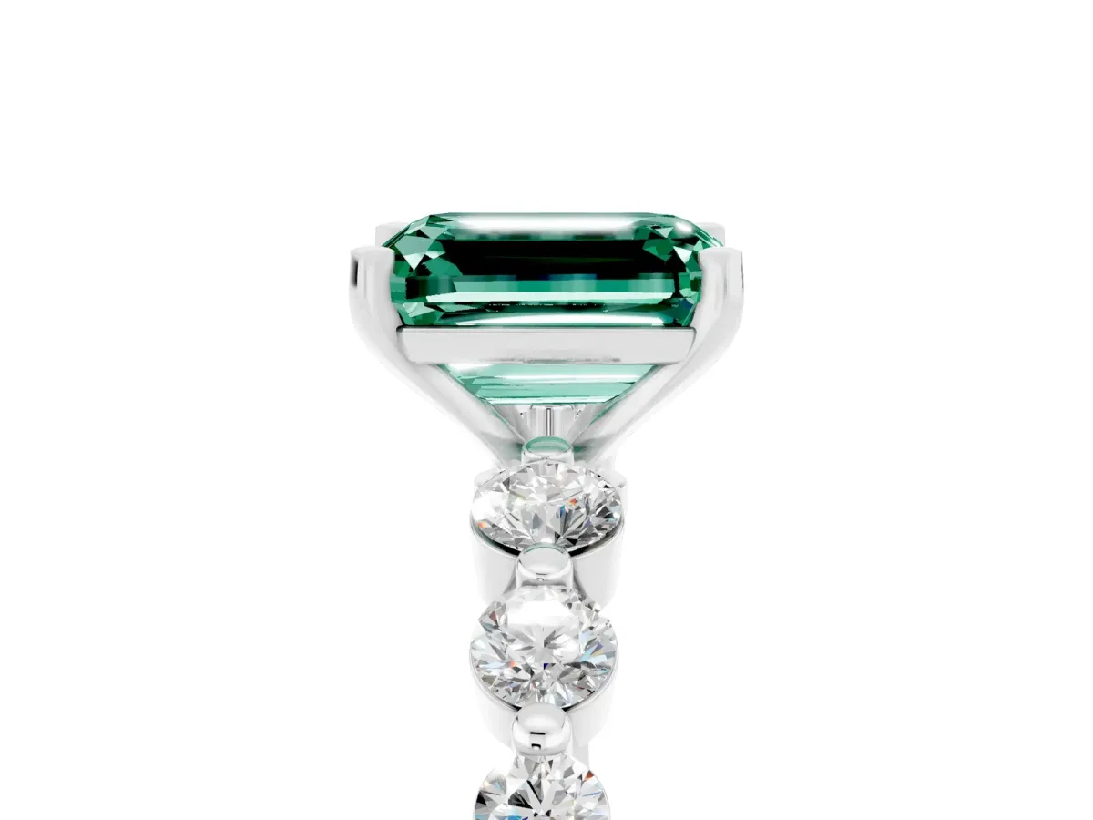 Emerald Cut Solitaire Green Sapphire Ring with Pave Band and Four-Prong Setting Silver