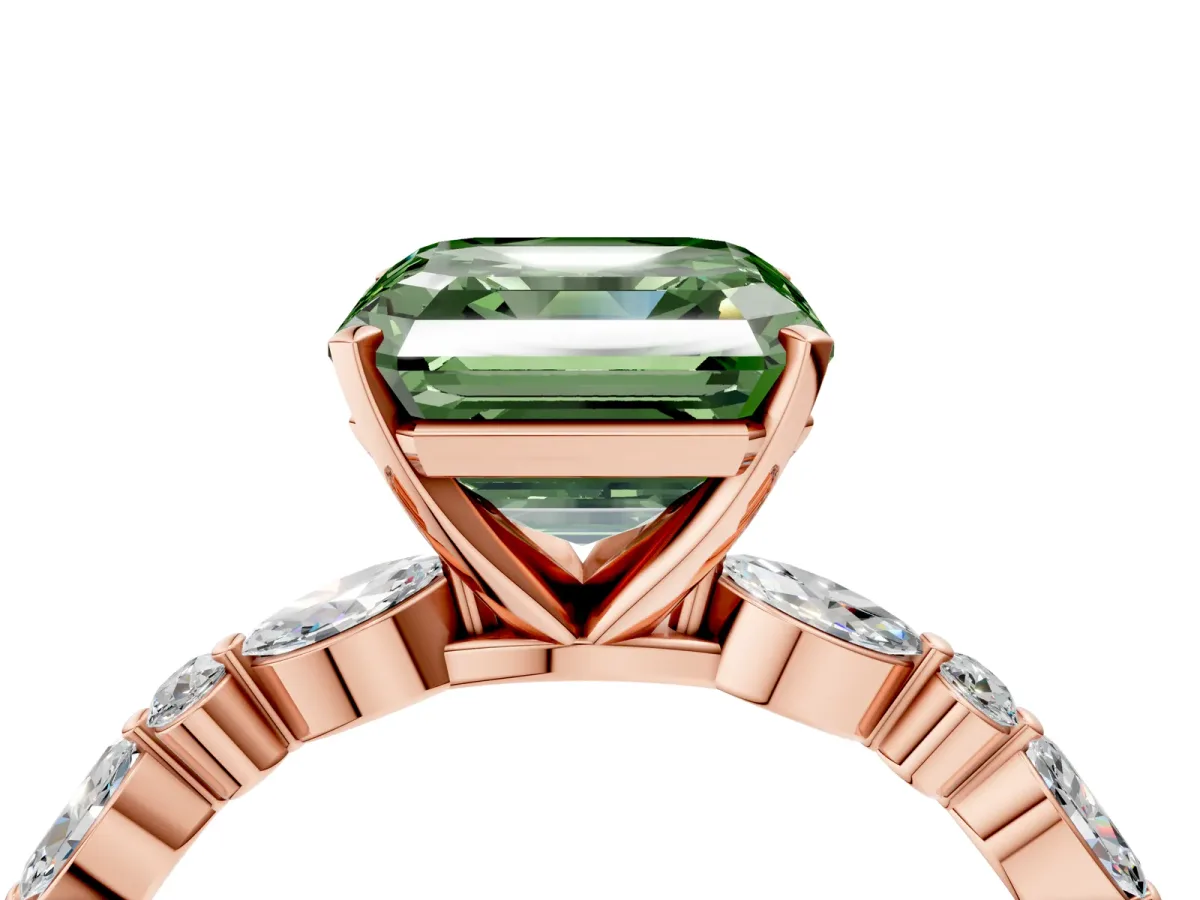 Fancy Green Asscher Cut Diamond Ring with Marquise and Round Side Stones and Four-Prong Setting Rose gold