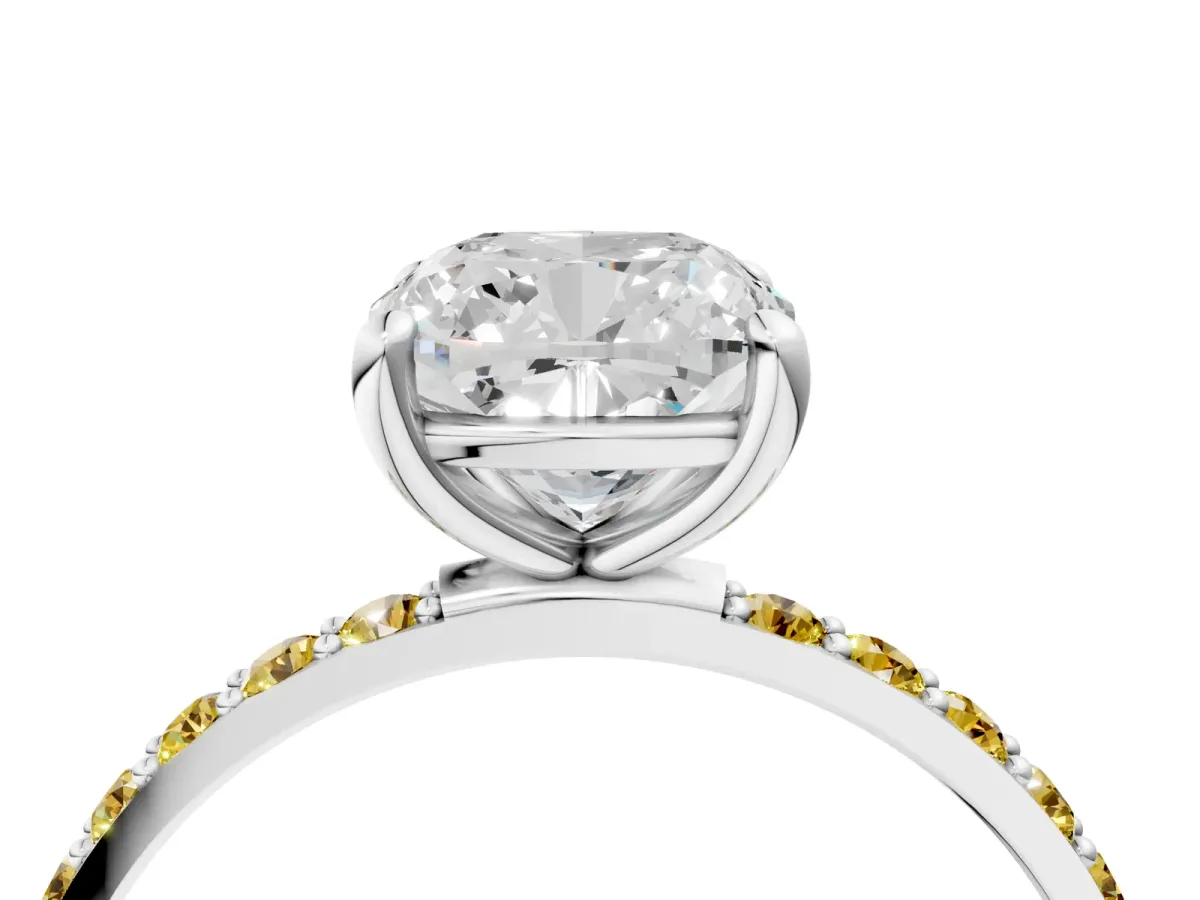 Cushion Cut Diamond Solitaire Ring with Round Yellow Sapphire Pavé Band and Prong Setting White gold