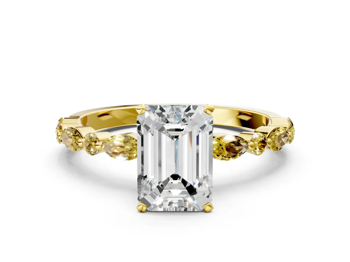 Emerald Cut Diamond Ring with Marquise and Round Yellow Sapphire Side Stones and Four-Prong Setting Yellow gold