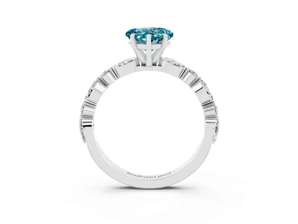 Heart Cut Blue Topaz Ring with Marquise and Round Side Stones and Four-Prong Setting White gold