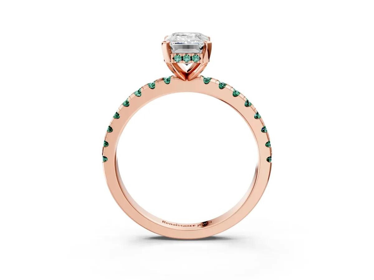 Emerald Cut Diamond Solitaire Ring with Round Green Sapphire Pavé Band and Four-Prong Setting Rose gold
