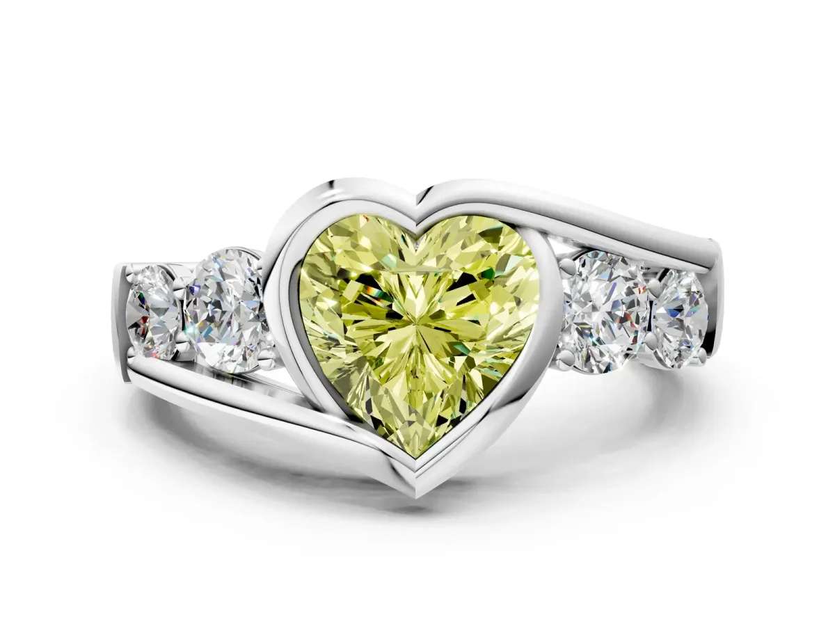 Fancy Yellow Bezel Set Heart Cut Diamond Bypass Ring with Round Accents Platinum
