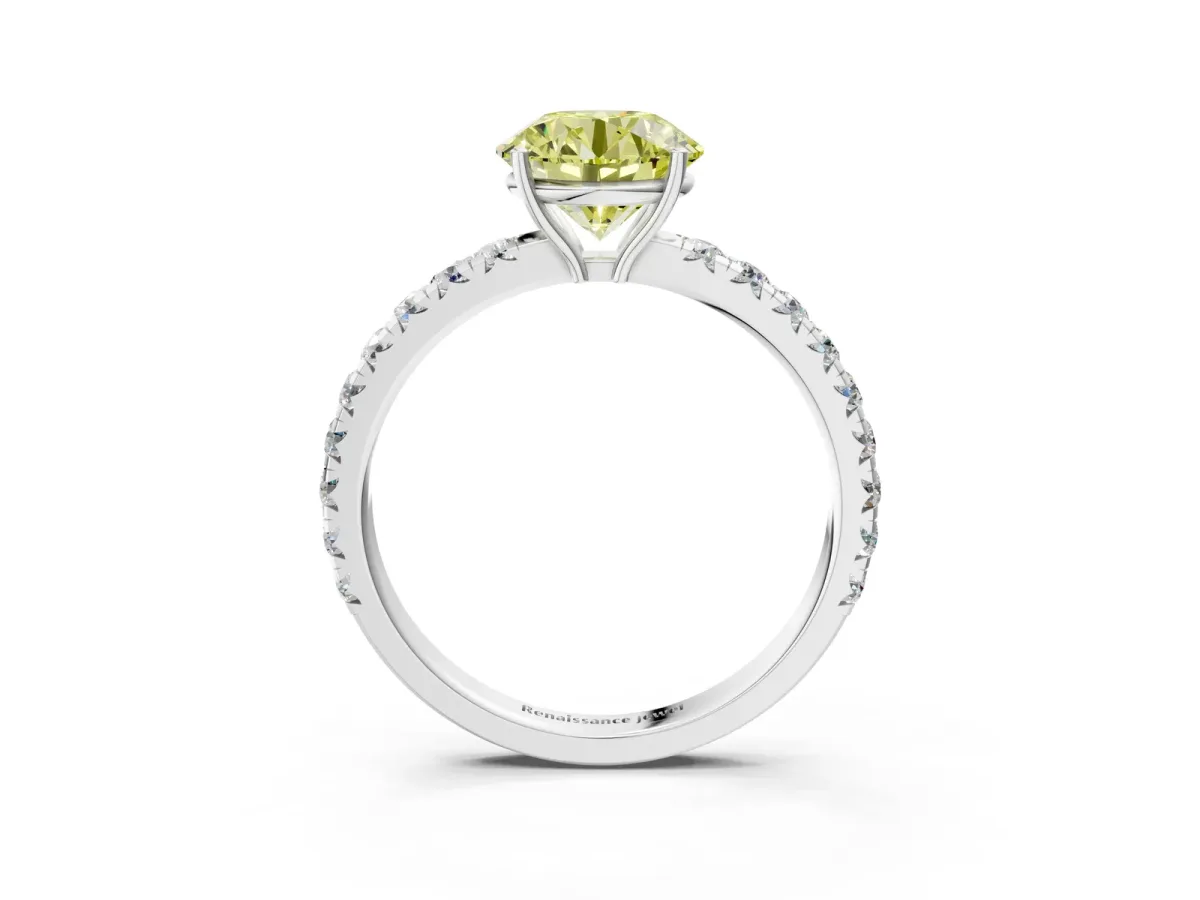 Fancy Yellow Round Cut Diamond Pavé Solitaire Engagement Ring with Four-Prong Setting Silver