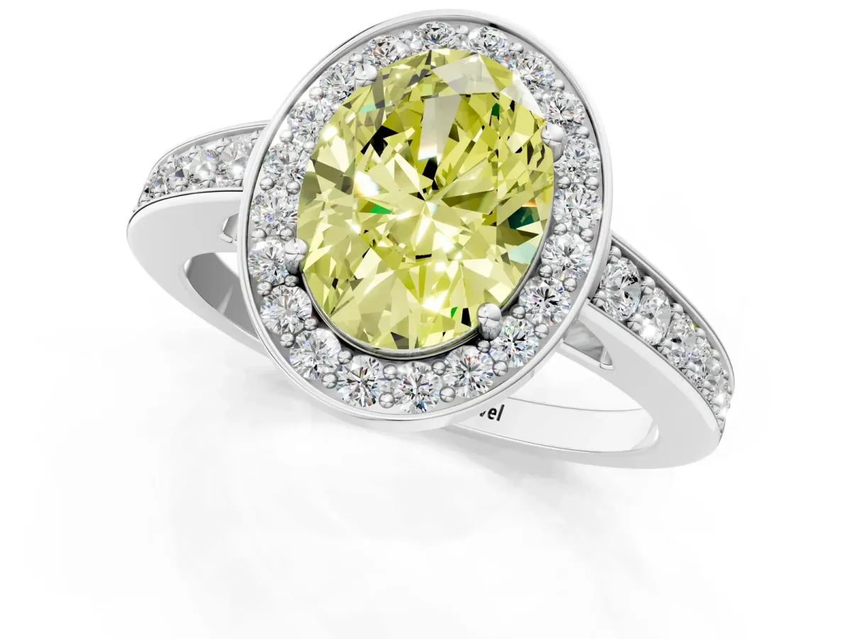 Fancy Yellow Oval Cut Halo Pavé Diamond Engagement Ring with Bezel Setting Silver